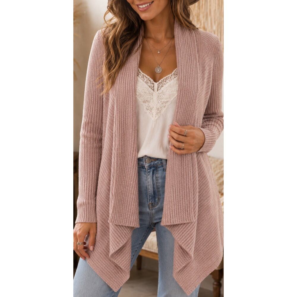 WHITE HOUSE BLACK MARKET Metallic Pink Draped Open Cardigan Ribbed Sweater XS